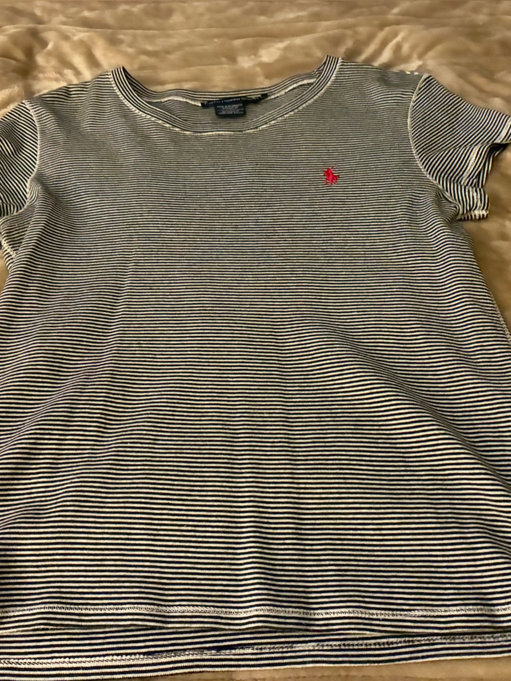 Ralph Lauren Navy & White Stripe Short Sleeve Tee with Red Polo Emblem